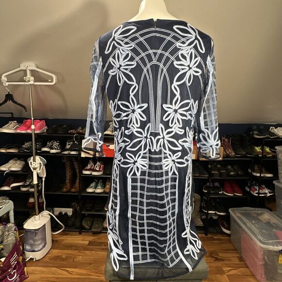 BELLE BADGLEY MISCHKA Women's Navy Blue &‎ Light Blue Sheath Appliqué Dress SZ 8 - Picture 2 of 8